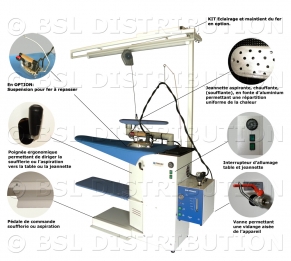 Table  repasser professionnelle MILANO, MILANO A/S, Aspirante, Soufflante, Chauffante