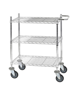 Chariot de service 3 plateaux en fil d'acier chrom - Plusieurs longueurs disponibles